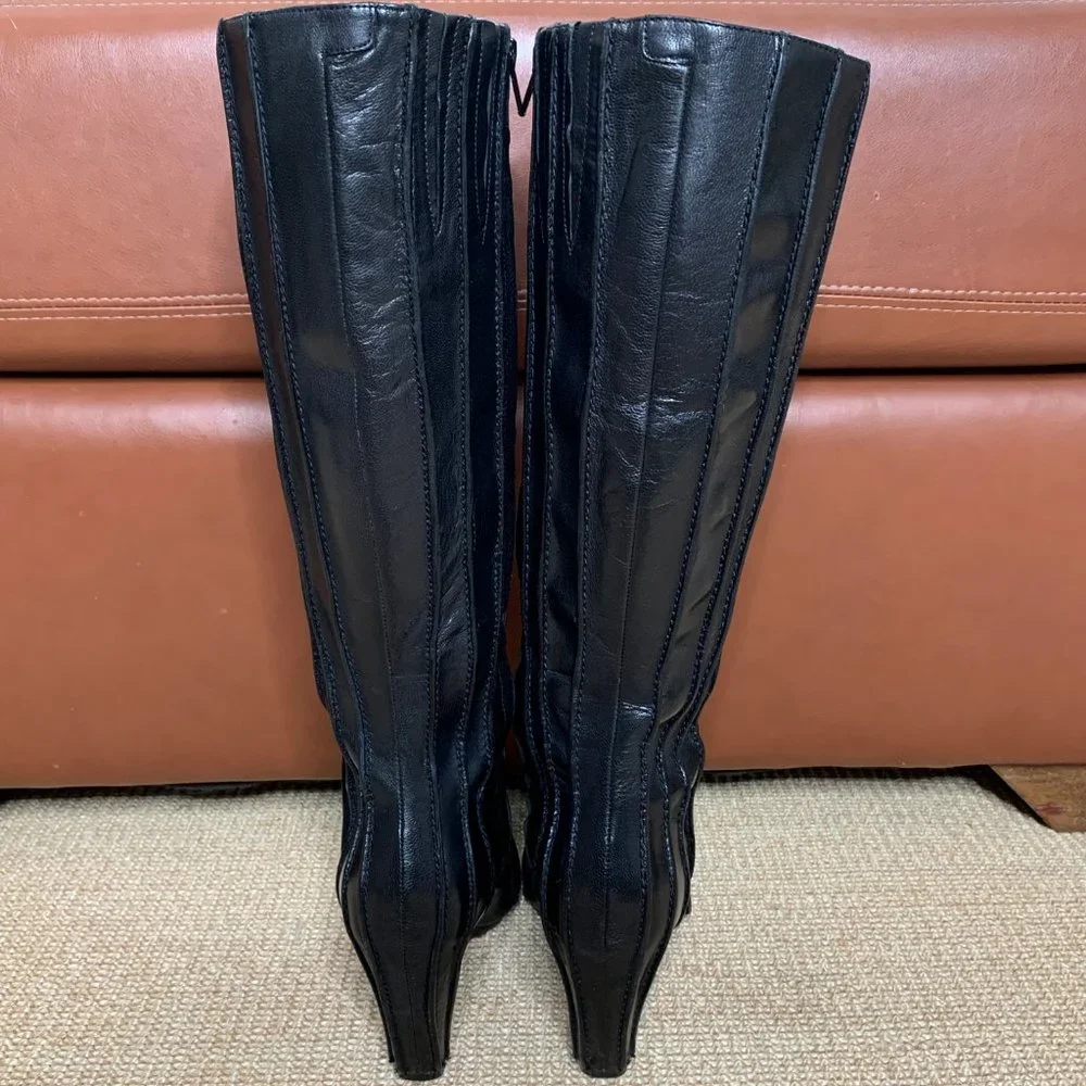 Size 7.5 Tsubo Womens Knee High Pleated Boots - Black Leather - Picture 4 of 12